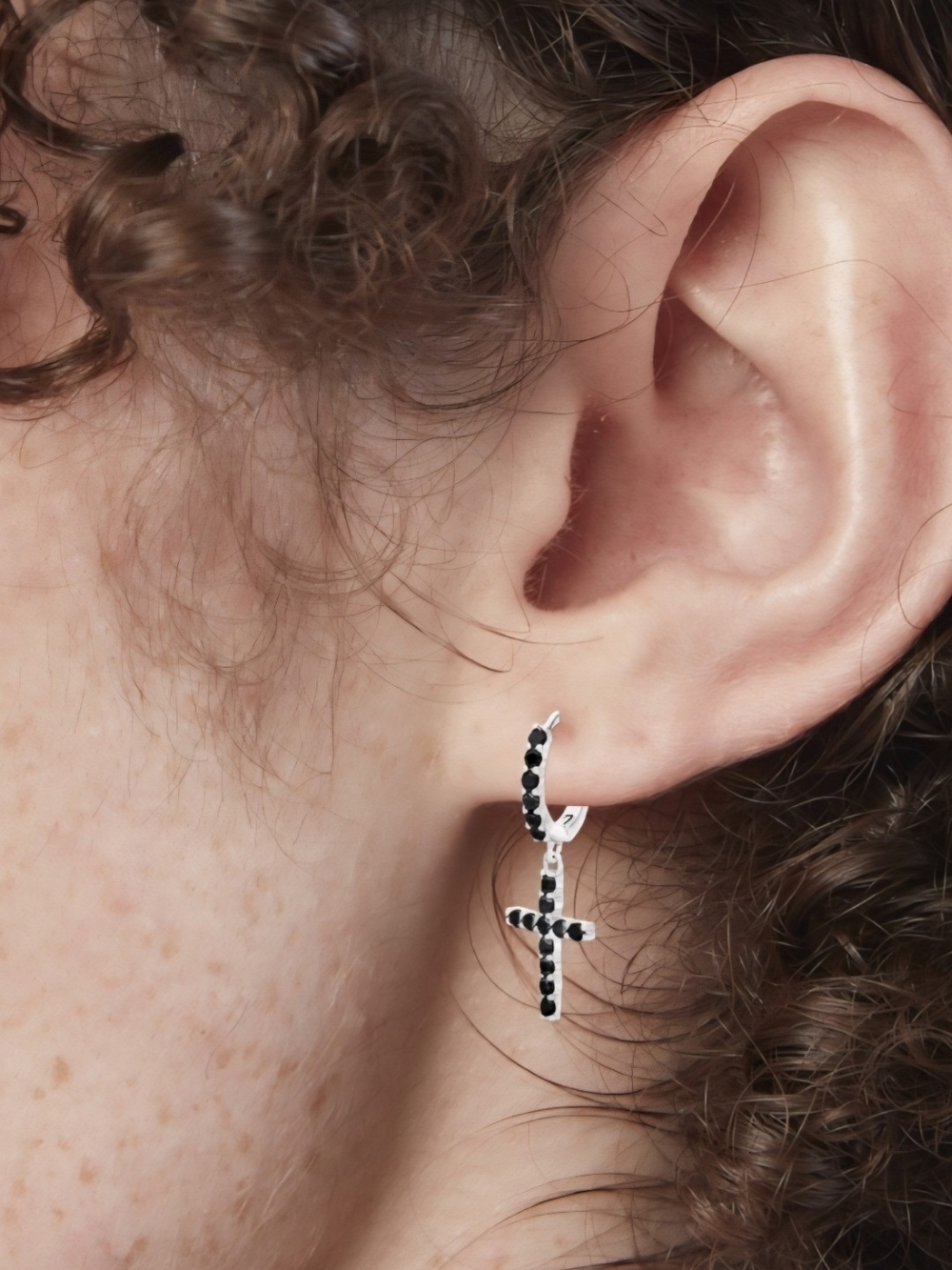 Sterling Silver Hoop Earrings with Black Stone Cross Drop